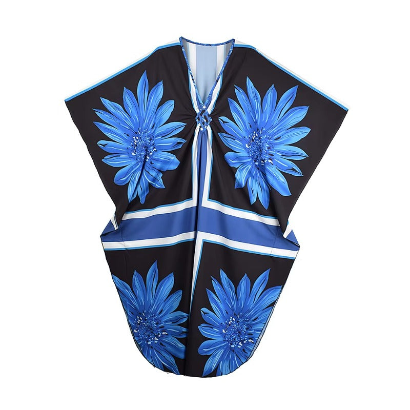XITAO Print Contrast Color Dress Vintage Bat Wing Sleeve Flower V-neck Pullover Summer Woman Slimming Ankle-length Dress GJ1175
