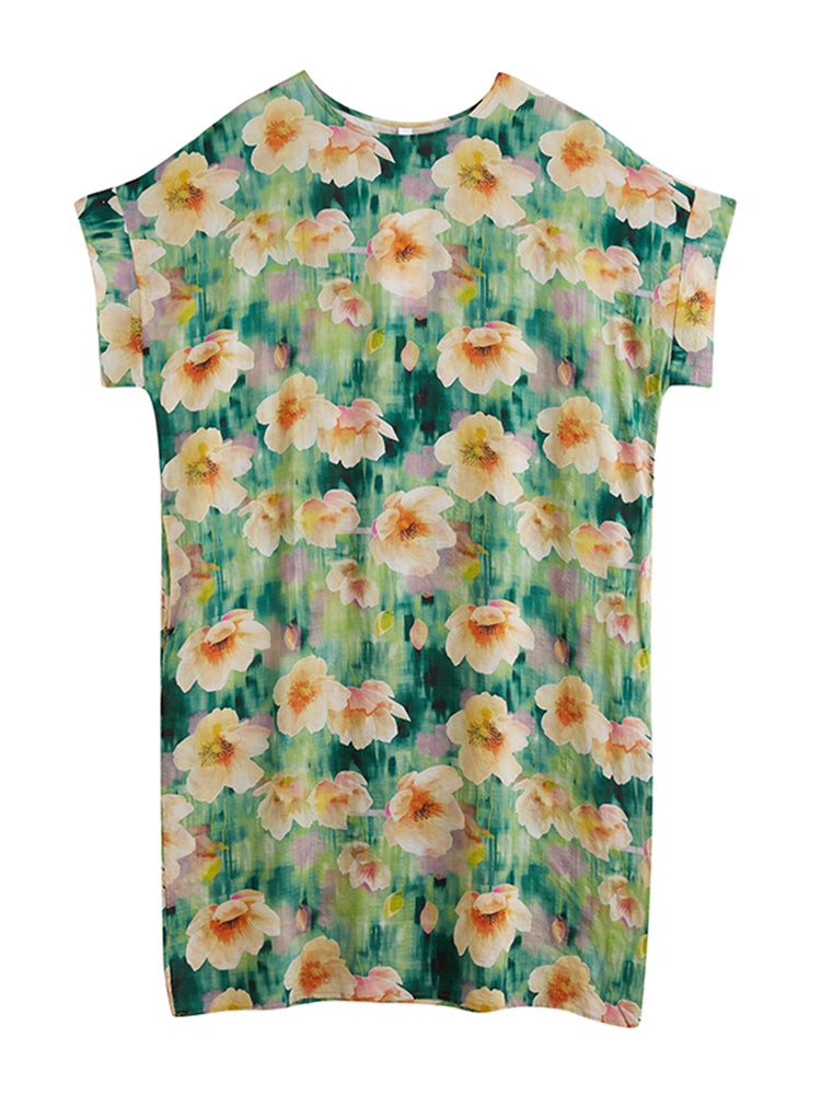 XITAO Print Floral Short Sleeve Dress Mid-calf A-line Loose Fitting Sweet O-neck Goddess Fan Summer Dress ZMY1114