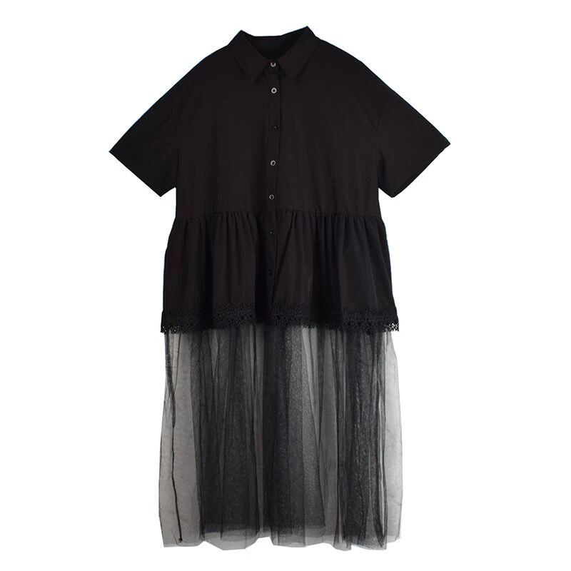 XITAO Gauze Patchwork Folds Female Dress Loose Turn-down Collar Solid Color Short Sleeve Temperament Woman Summer Dress ZMY1253