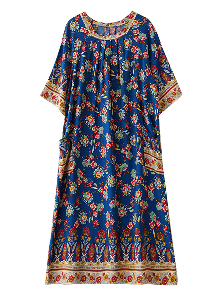 XITAO Flower Pleated Print O-neck Dress Casual Loose Fitting Ethnic Style Simple Pullover Summer Women Dress ZMY1098