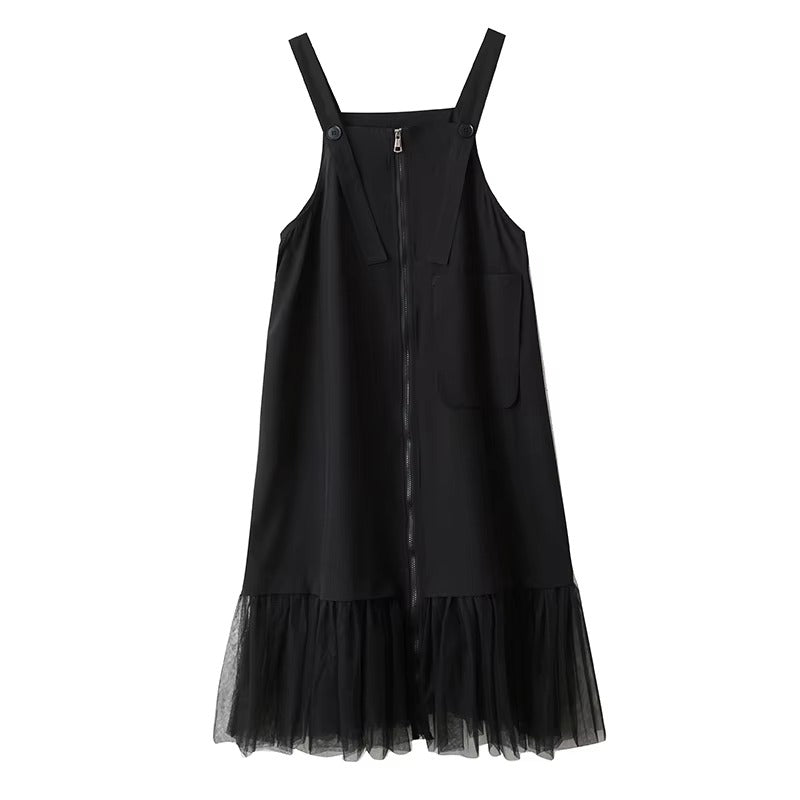 XITAO Gauze Patchwork Pocket Dress Solid Color Square Collar Sleeveless Loose Casual Slimming Summer Woman Straps Dress ZMY1313