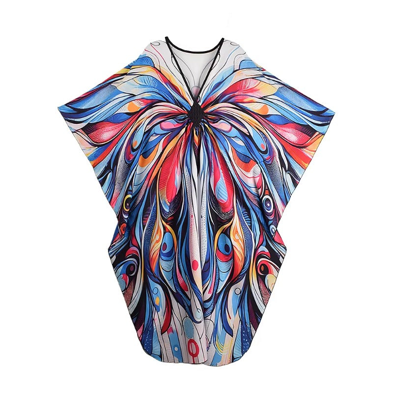 XITAO Contrast Color Print Dress Pullover V-neck Loose Personality Slimming Side Slit Bat Wing Sleeve Summer Woman Dress GJ1155