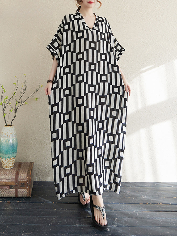 XITAO Print Batwing Sleeve V-neck Pullover Dress Vintage Loose Slimming Ankle-Length Casual All Match Temperament Dress ZY8929