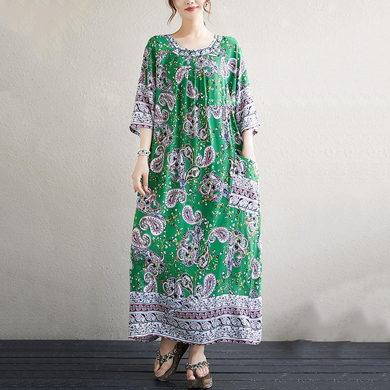 XITAO Pleated Print O-neck Dress Loose Fitting A-line Half Sleeve Long Style Pullover Summer Women Dress ZMY1099