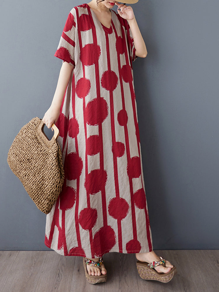 XITAO Dot Print Striped Contrast Color Dress V-neck Pullover Short Sleeve Ankle-Length Loose Casual Slimming Dress ZMY1086