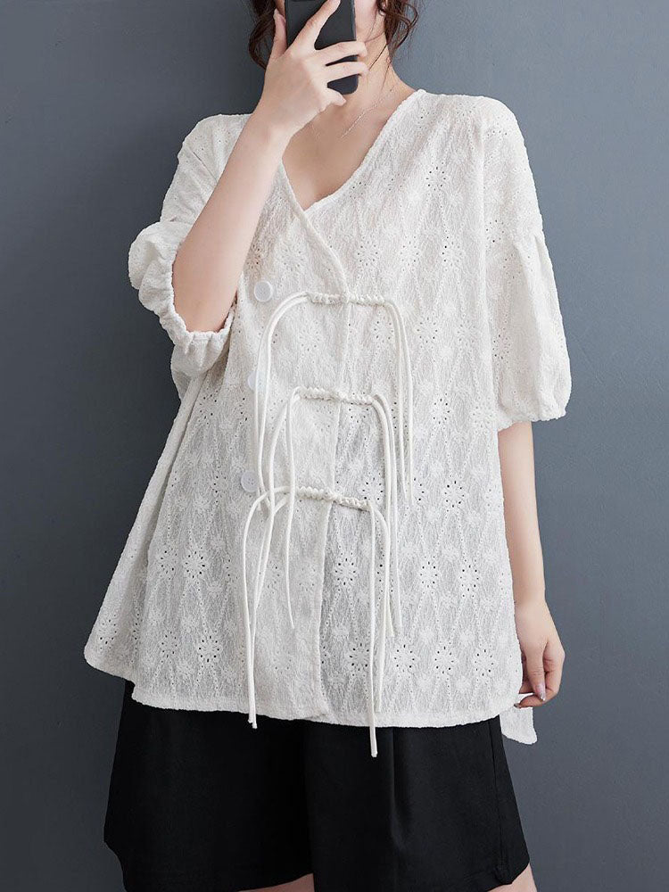 XITAO Asymmetric Button Shirt Casual V-neck Loose Fitting Chinese Style Half Sleeve Simple Single Breasted Women Blouse ZMY1105
