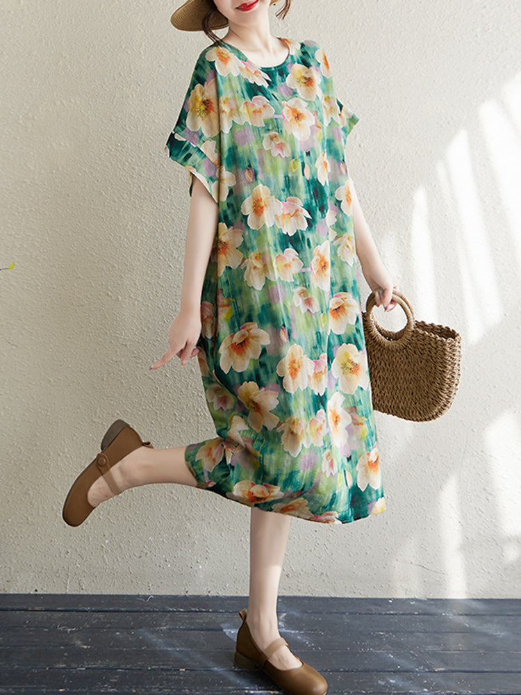 XITAO Print Floral Short Sleeve Dress Mid-calf A-line Loose Fitting Sweet O-neck Goddess Fan Summer Dress ZMY1114
