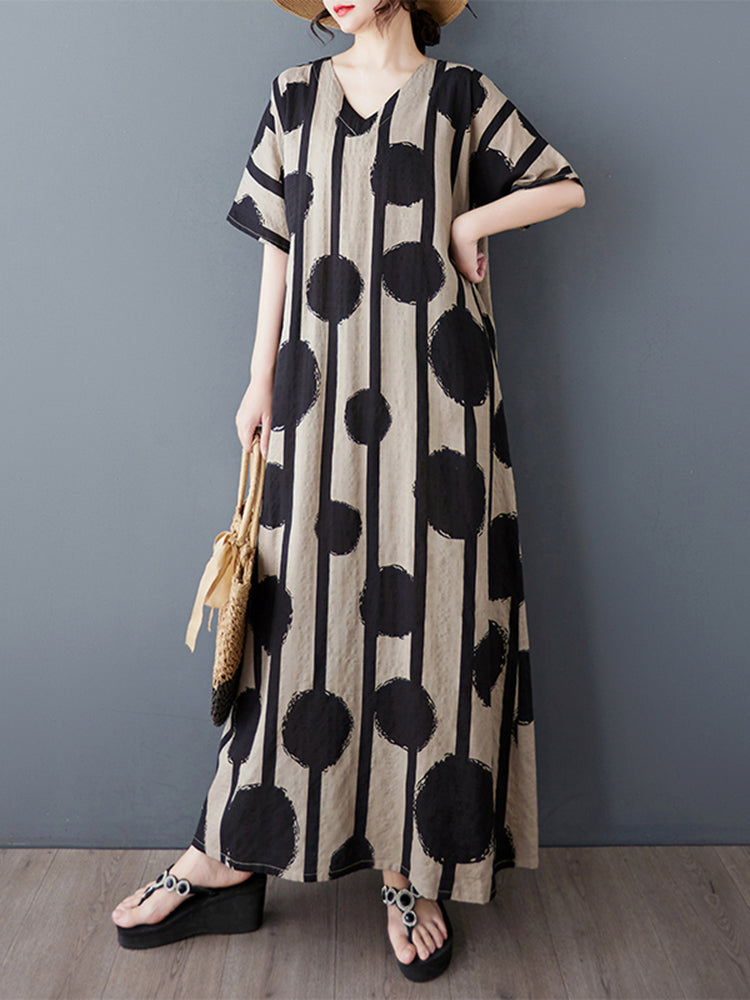 XITAO Polka Dot V-neck Dress Vintage Casual Loose Fitting Half Sleeve A-line Thin Simple Pullover Women Dress ZMY1090