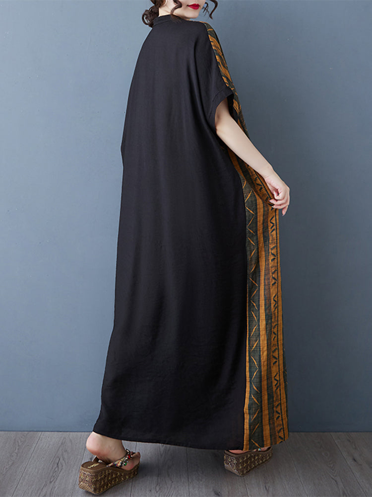 XITAO Patchwork Stripe Pocket Dress Casual Loose Fitting A-line V-neck Long Style Summer Women Dress ZMY1116