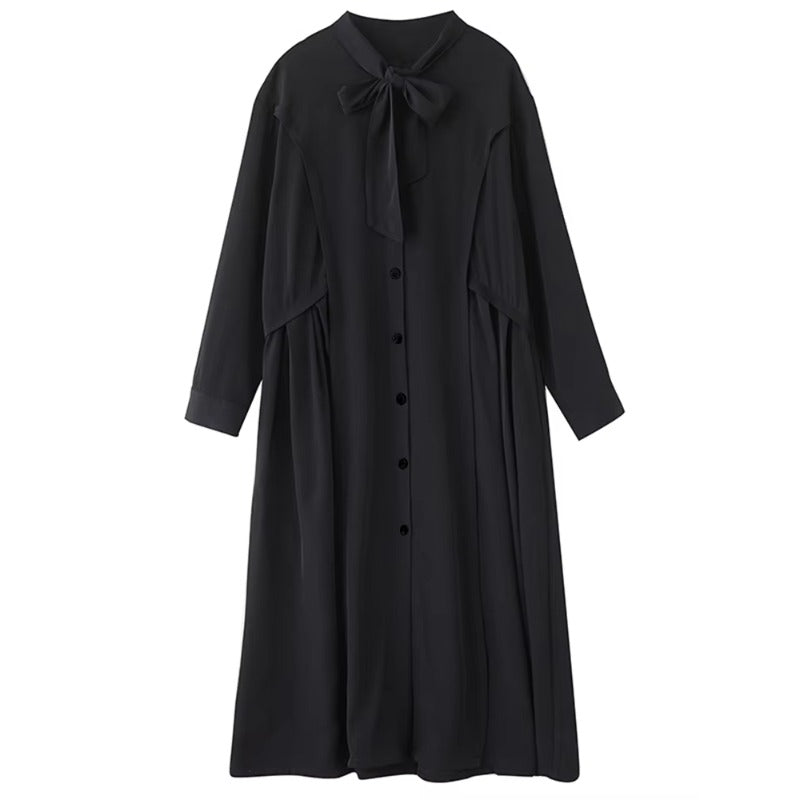 XITAO Drawstring Full Sleeve Vintage Dress Solid Color Single Breasted Loose Pocket Casual All-match Simple Woman Dress ZMY1407