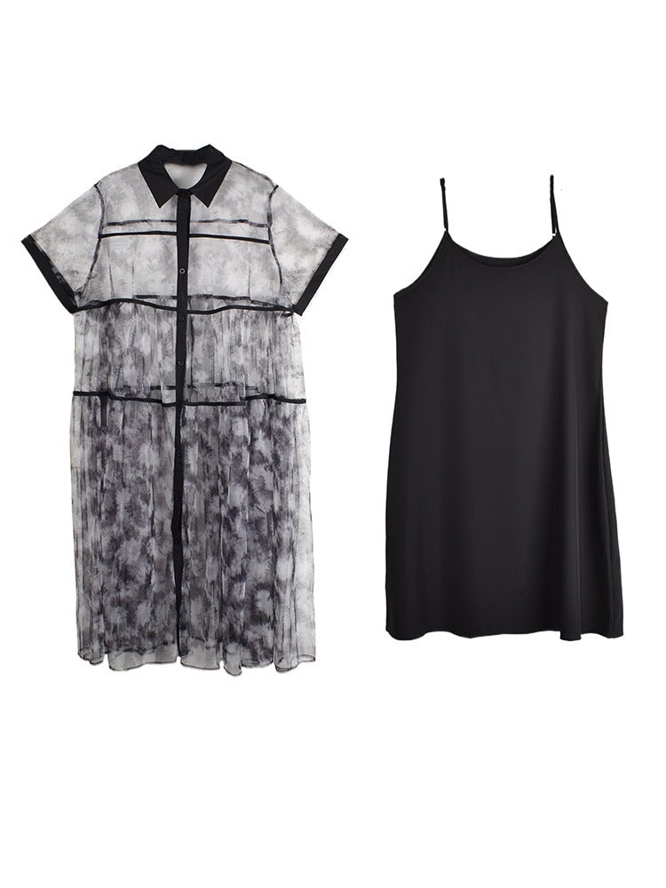 XITAO Mesh Patchwork Print Shirt Dress Loose Single Breasted Women Trend All-match Casual Summer Short Sleeve Dress ZMY1248