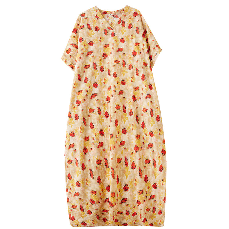 XITAO Pullover Print Vintage Batwing Sleeve Dress V-neck Loose Slimming Ankle-Length Vacation Style Travel All Match Dress ZMY1001