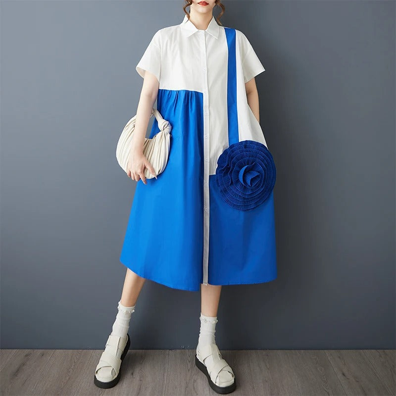 XITAO Patchwork Contrast Color Women Dress Casual Turn-down Collar Sweet Short Sleeve Temperament Summer Female Dress ZMY1361