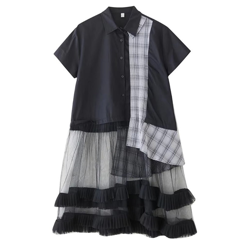 XITAO Loose Plaid Patchwork Shirt Dress Personality Mesh Women Summer Temperament All-match Turn-down Collar Dress ZMY1394