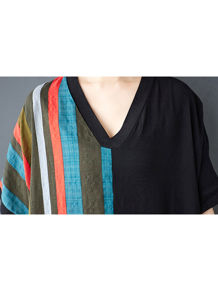 XITAO Stripe Patchwork V-neck Dress Half Sleeve A-line Asymmetrical Casual Loose Fitting Simple Women Dress ZMY1118