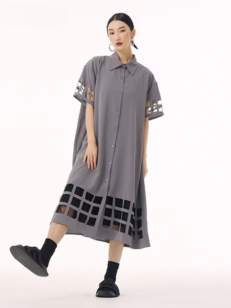 XITAO Hollow Out Patchwork Mesh Half Sleeve Dress Turn-down Collar Vintage Casual Solid Color Single Breasted Dress GMM1351
