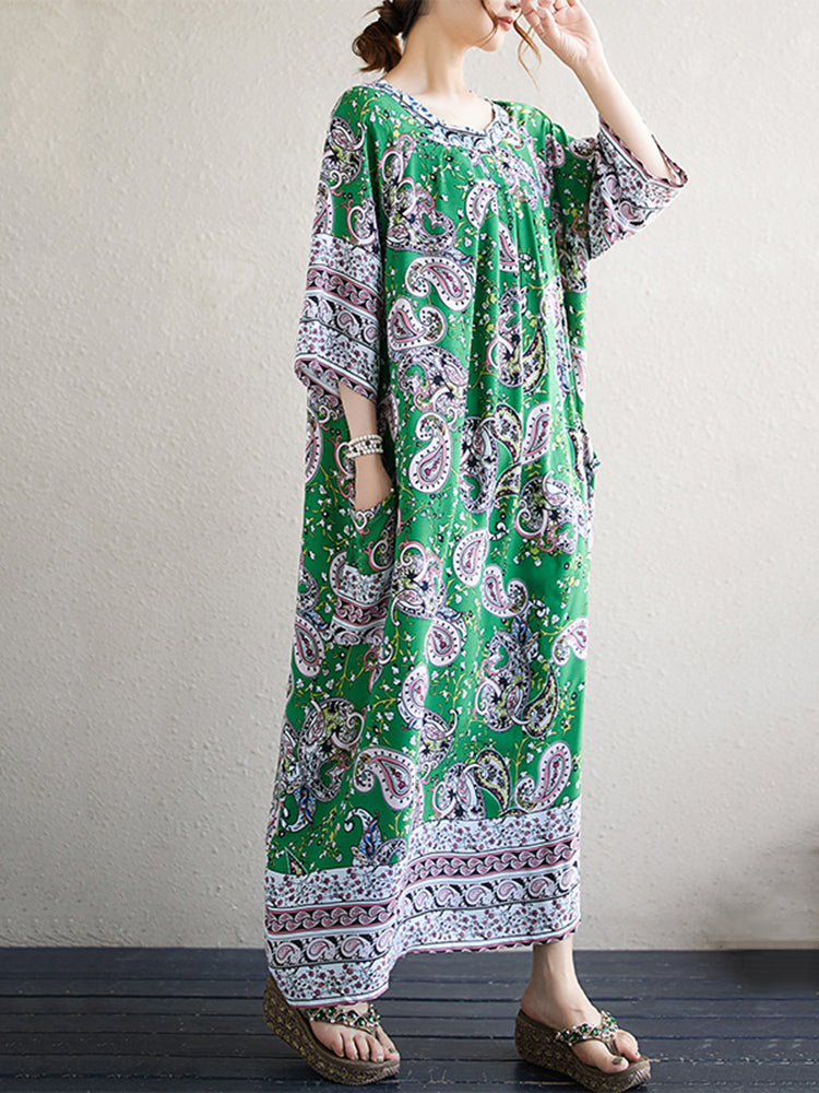 XITAO Pleated Print O-neck Dress Loose Fitting A-line Half Sleeve Long Style Pullover Summer Women Dress ZMY1099