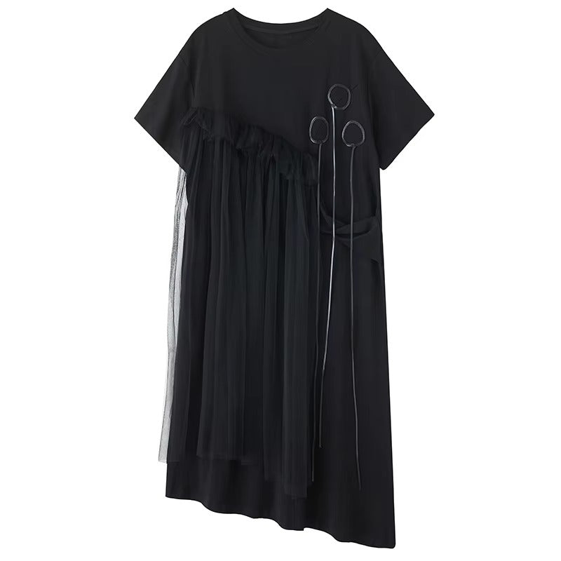 XITAO Gauze Patchwork Loose Female Dress Short Sleeve Pullover Irregular Casual Temperament Slimming Summer Woman Dress ZMY1359