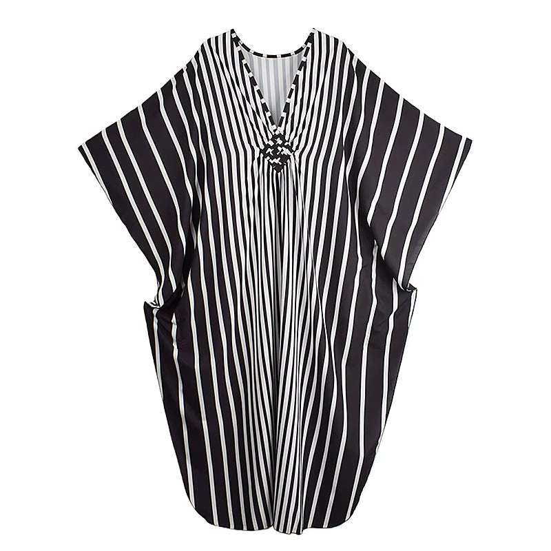 XITAO Stripe Print V-neck Dress Batwing Sleeve A-line Full Sleeve Personality Pullover Fashion Goddess Summer Women Dress GJ1151