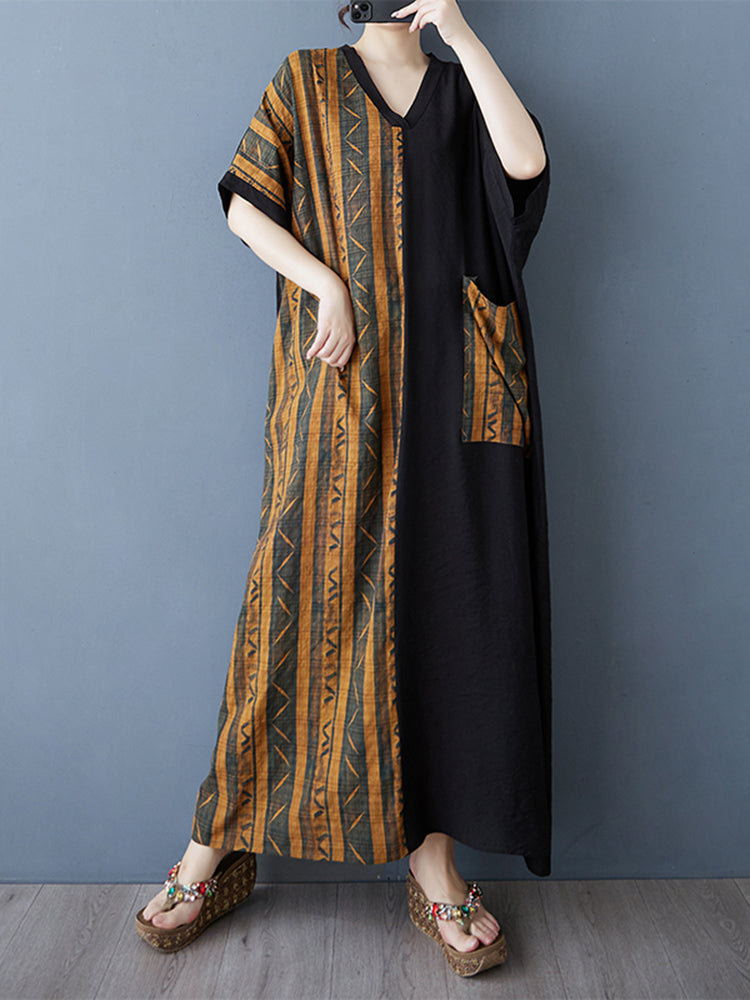 XITAO Patchwork Stripe Pocket Dress Casual Loose Fitting A-line V-neck Long Style Summer Women Dress ZMY1116