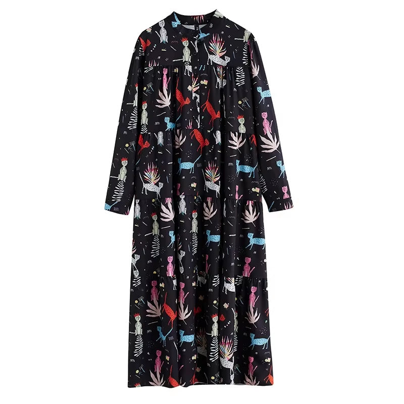 XITAO Casual Stand Collar Shirt Dress Loose Fashion Contrast Color Print Splicing Big Hem Long Sleeve Pullover New Dress WLD9101