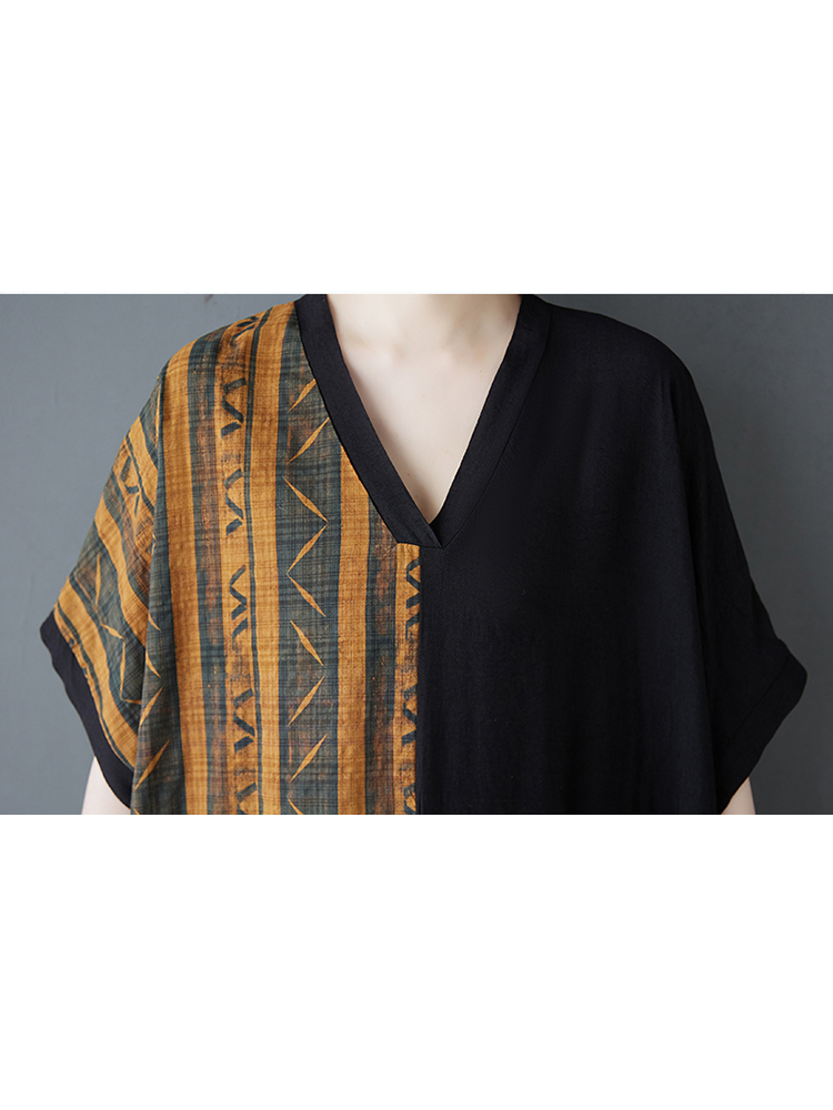 XITAO Patchwork Stripe Pocket Dress Casual Loose Fitting A-line V-neck Long Style Summer Women Dress ZMY1116