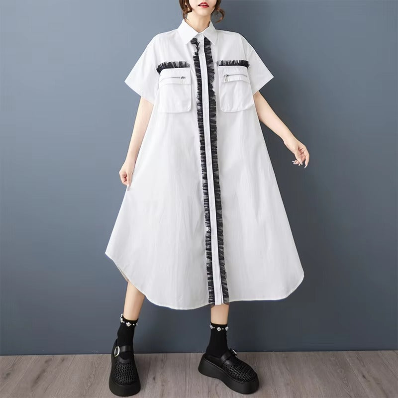 XITAO Zipper Pocket Patchwork Gauze Dress Contrast Color Turn-down Collar Short Sleeve Temperament Female Shirt Dress ZMY1354