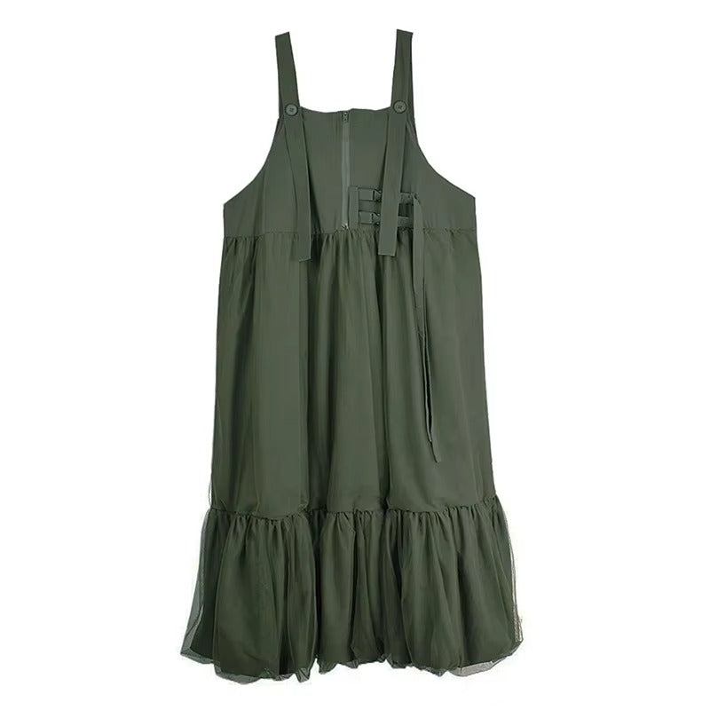 XITAO Gauze Pleated Bandage Strap Dress Sleeveless Solid Color Loose Casual Patchwork Personality Summer Woman Dress HQQ2497