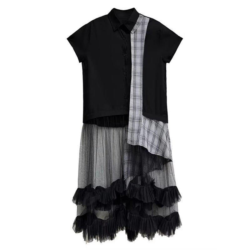 XITAO Mesh Patchwork Shirt Dress Casual Short Sleeve Single Breasted Women Summer All-match Irregular Loose Dress ZMY1396
