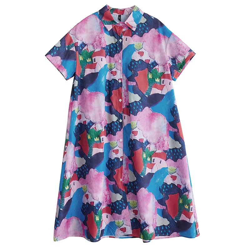 XITAO Print Flower Single Breasted Dress Turn-down Collar Casual New Korea Fashion A-line Short Sleeve Women Dress ZMY1133