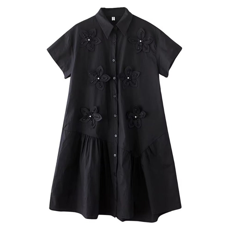 XITAO Solid Color Short Sleeve Dress Three-dimensional Decoration Turn-down Collar Loose Slimming Summer Woman Dress ZMY1398