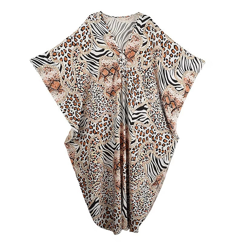 XITAO Leopard A-line Dress Vintage Side Slit V-neck Bat Wing Sleeve Loose Personality New Arrival Summer Woman Dress GJ1172