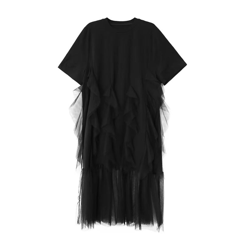 XITAO Irregular Solid Color Loose Dress Patchwork Gauze O-neck Short Sleeve Casual Slimming Simple Summer Woman Dress ZMY1373