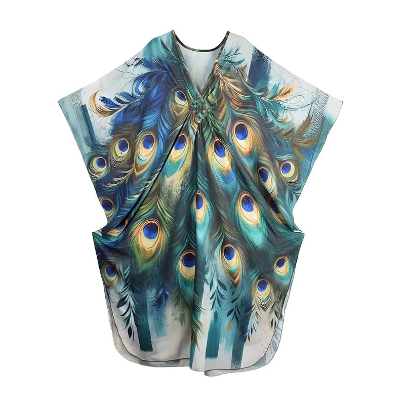 XITAO Peacock Print Vintage Dress Pullover V-neck Bat Wing Sleeve Temperament Slim Summer Woman Loose Casual Dress GJ1152