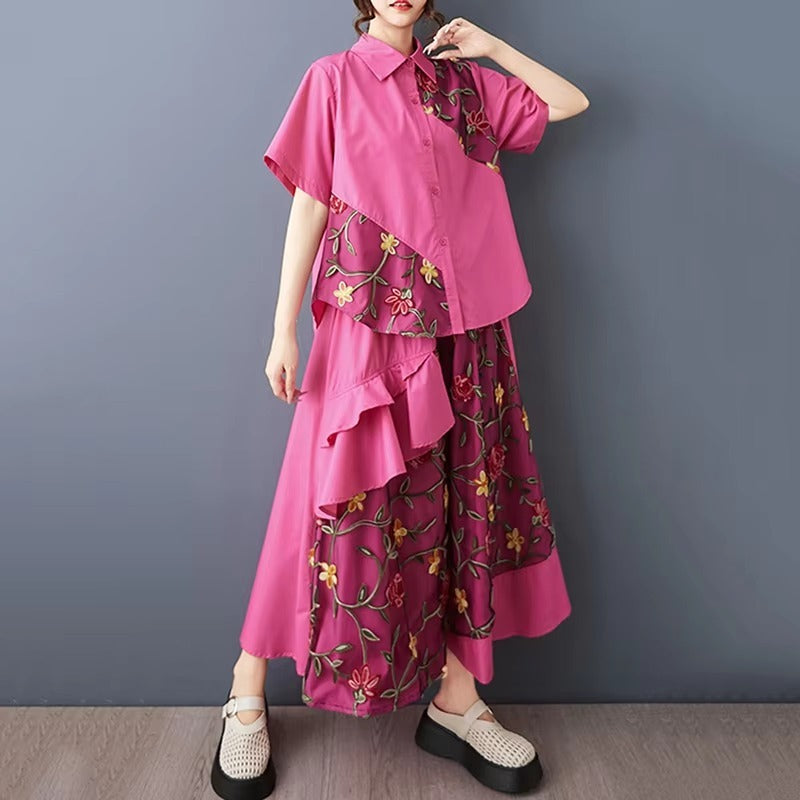 XITAO Embroidery Patchwork Gauze Sets Turn-down Collar Short Sleeve Two-piece Elastic Waist A-line Summer Dress Sets ZMY1389