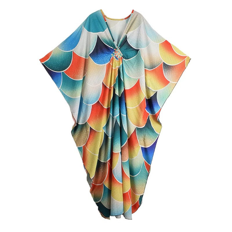 XITAO Side Slit Bat Wing Sleeve Dress Print V-neck Pullover A-line Personality Loose Summer Woman Ankle-length Dress GJ1192