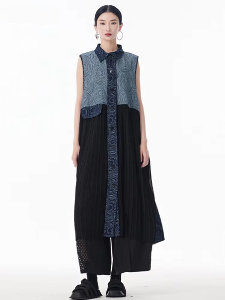 XITAO Patchwork Single Breasted Sleeveless Dress Turn-down Collar A-line Casual Pocket New Personality Female Dress GYX1522
