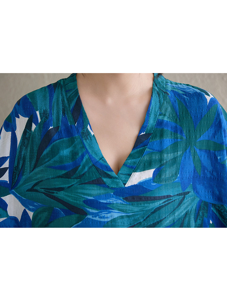 XITAO Print V-neck Dress Simple Casual Loose A-line Long Style Pullover Elegant Summer Female Dress ZMY1122