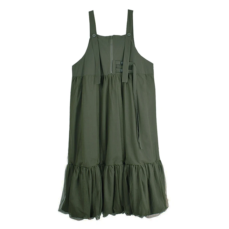 XITAO Patchwork Gauze Pleated Dress Solid Color Casual Sleeveless Loose Zipper Summer Woman Shoulder Strap Dress GYX1652