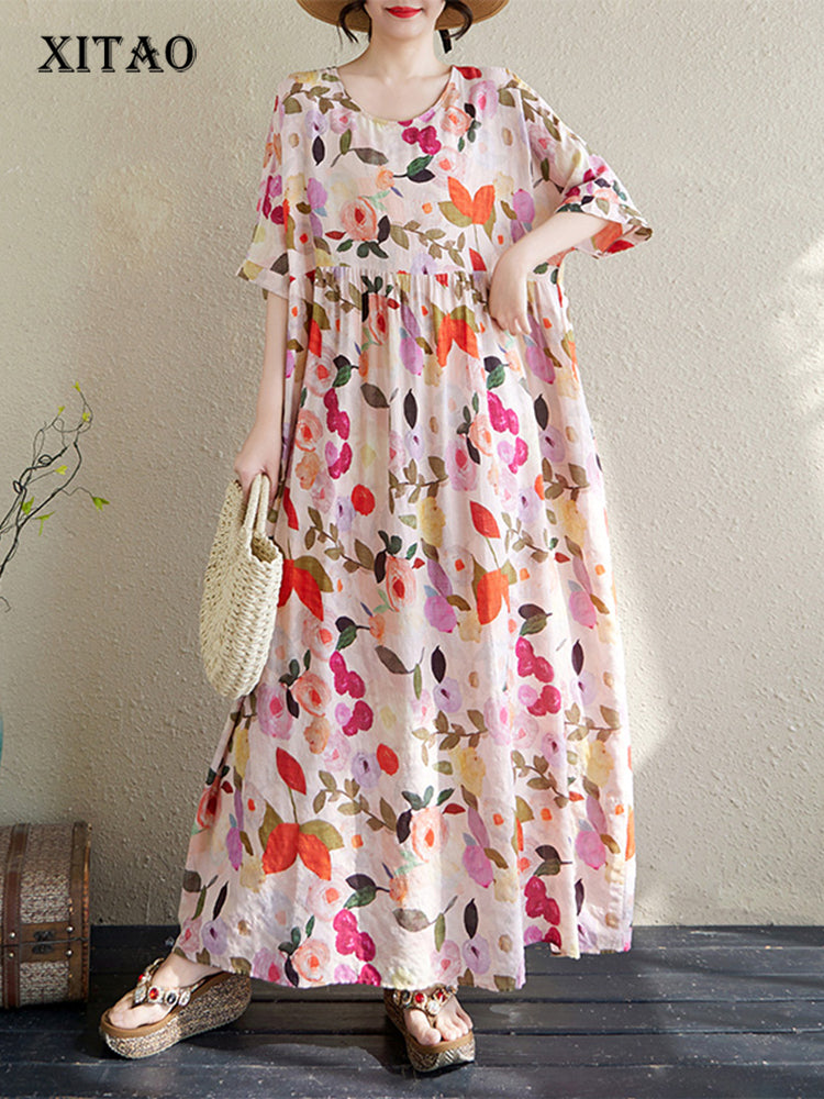 XITAO Floral Print Half Sleeve Dress Casual Loose Fitting A-line Pullover Simple Elegant Summer Female Dress ZMY1132