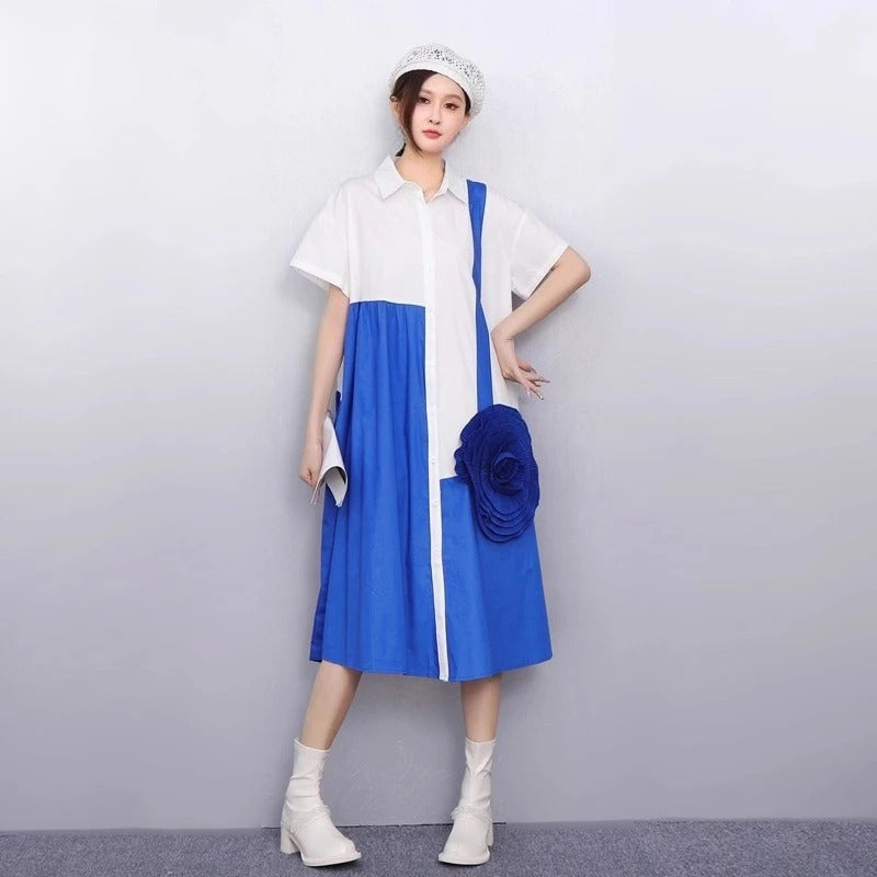 XITAO Three-dimensional Decoration Flower Dress Contrast Color Patchwork Turn-down Collar Loose Summer Woman Dress ZMY1397