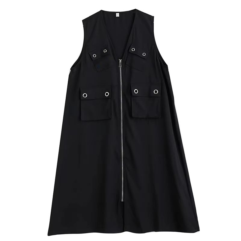 XITAO Sleeveless Patchwork Dress Pocket Solid Color Zipper Loose New Arrival A-line V-neck Elegant Summer Woman Dress ZMY1363