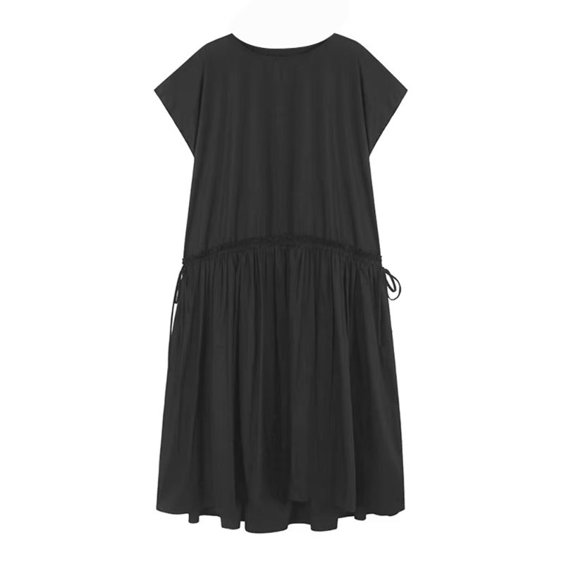 XITAO Pleated O-neck Edible Tree Fungus Female Dress Drawstring Solid Color Loose Fitting A-line Summer Women Dress ZMY1330