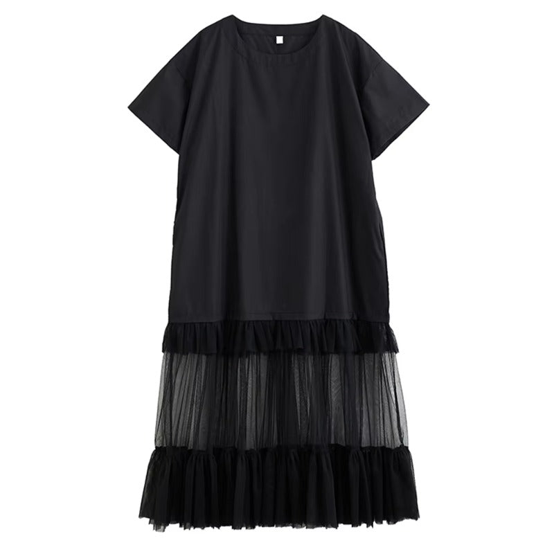 XITAO Patchwork Gauze Pleated Female Dress Loose O-neck Casual Short Sleeve Simple Slimming All-match Summer Woman Dress ZMY1287