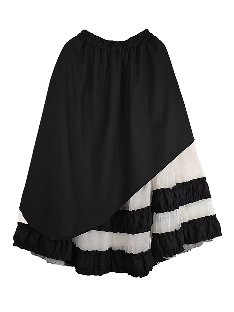 XITAO Irregular Mesh Patchwork Skirt Loose Asymmetric Contrast Color Women Casual All-match Elastic Waist Simple Skirt HQQ2436
