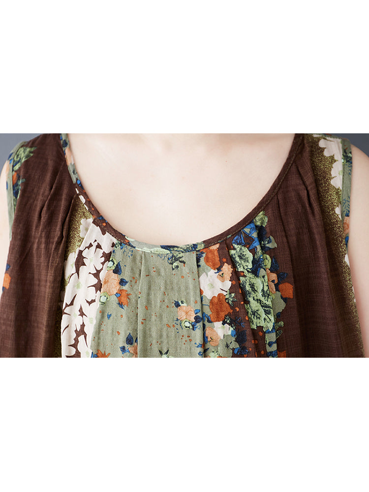 XITAO Print Contrast Color Dress Casual Loose A-line O-neck Sleeveless Long Style Comfortable Fitting Summer Women Dress ZMY1092