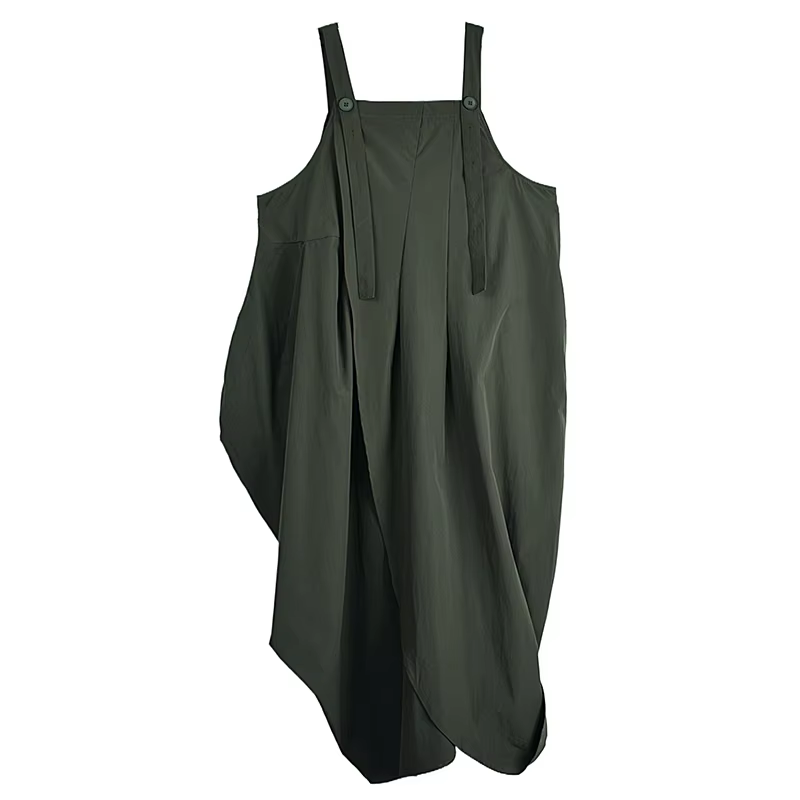 XITAO Irregular Pleated Straps Dress Casual Solid Color Loose Fitting Slimming Sleeveless Simple Button Women Dress ZMY1061