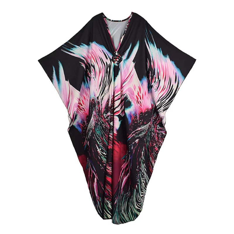 XITAO Print Pullover V-neck Dress Bat Wing Sleeve Vintage Temperament New Arrival Fashion Irregular Summer Woman Dress GJ1203
