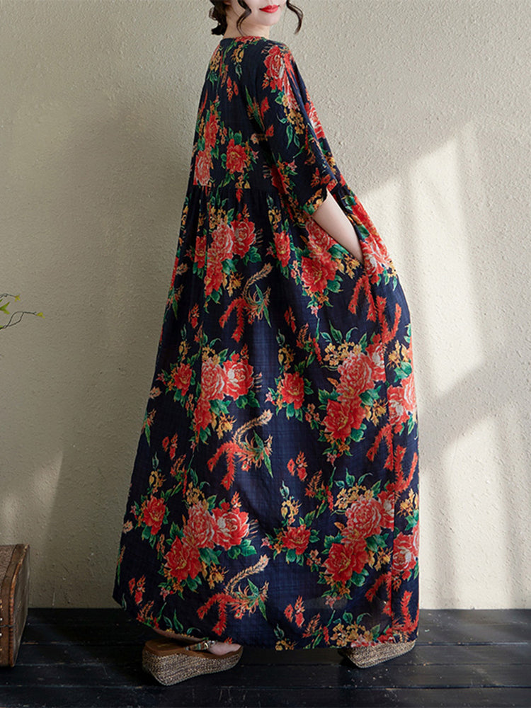 XITAO Pleated Print Flower Dress Half Sleeve A-line O-neck Casual Loose Fitting Sweet Simple All Match Women Dress ZMY1125