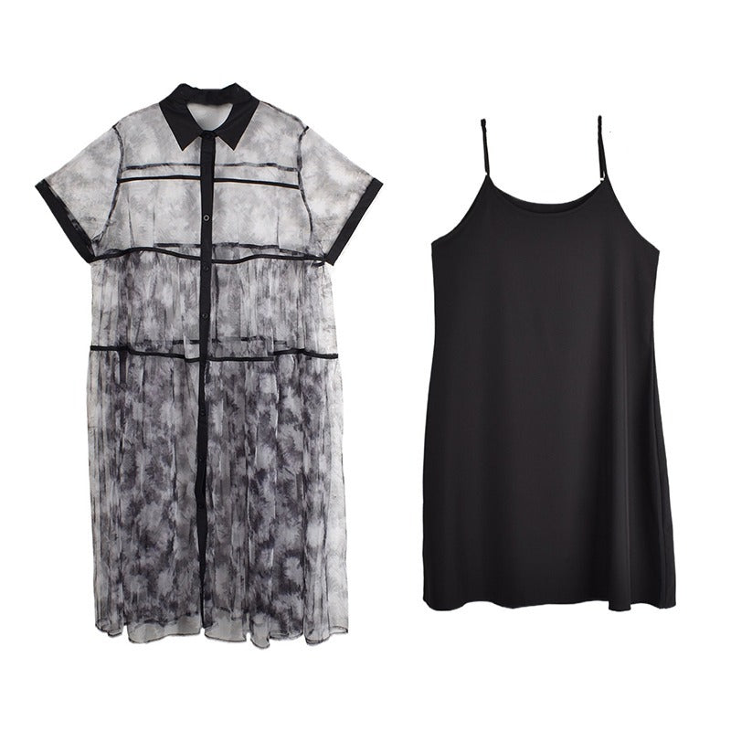 XITAO Mesh Patchwork Print Shirt Dress Loose Single Breasted Women Trend All-match Casual Summer Short Sleeve Dress ZMY1248
